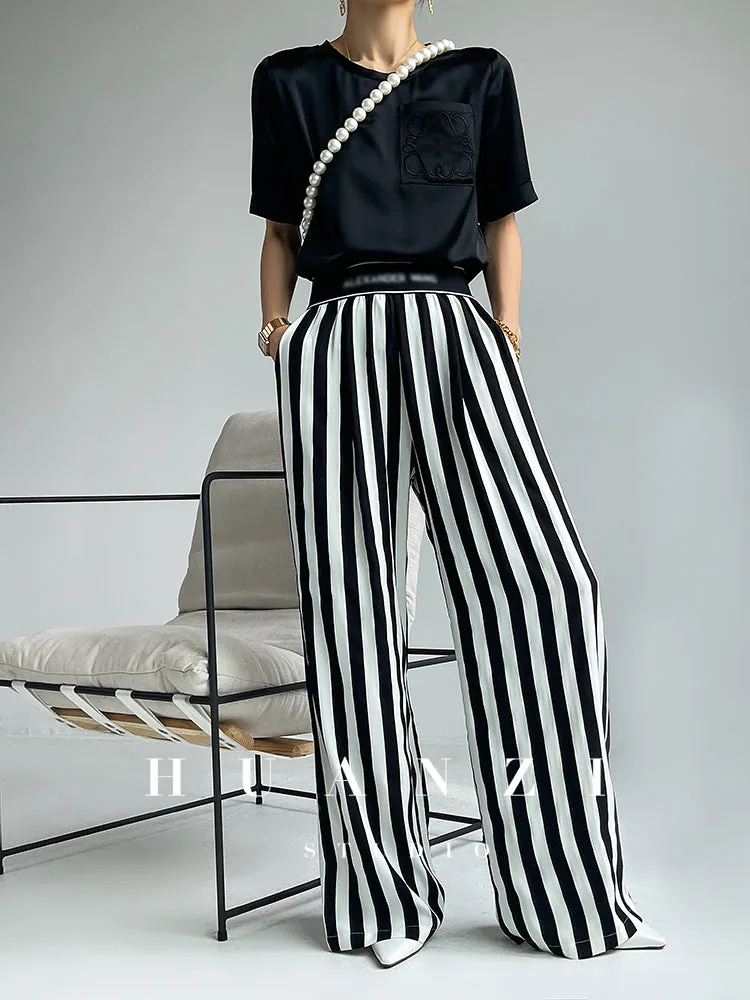 Huanzi custom striped wide-leg pants summer drape high waist trousers - Luie