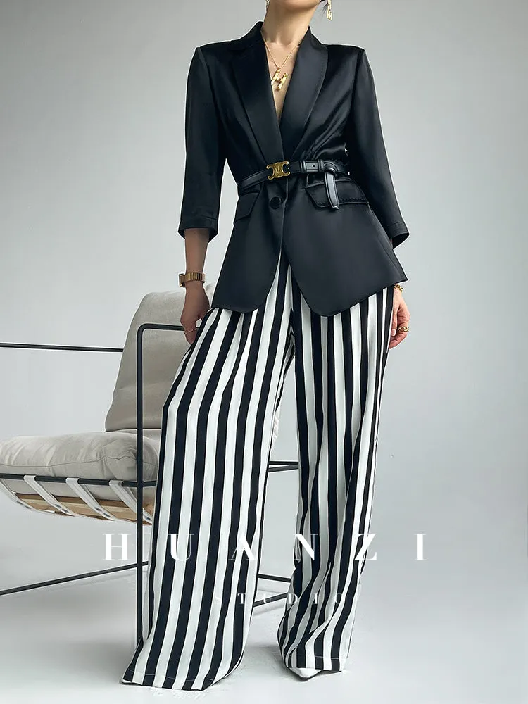 Huanzi custom striped wide-leg pants summer drape high waist trousers - Luie