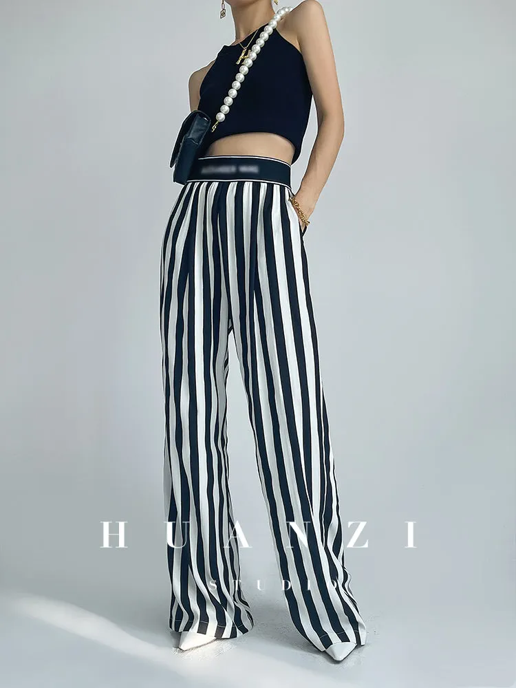 Huanzi custom striped wide-leg pants summer drape high waist trousers - Luie