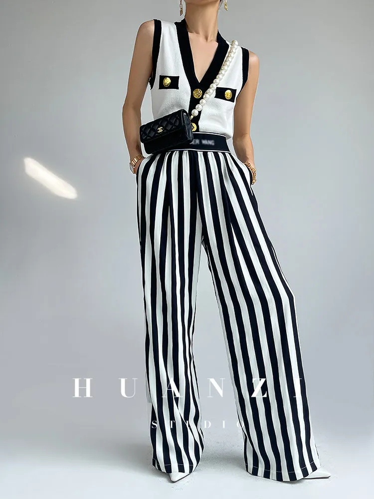 Huanzi custom striped wide-leg pants summer drape high waist trousers - Luie