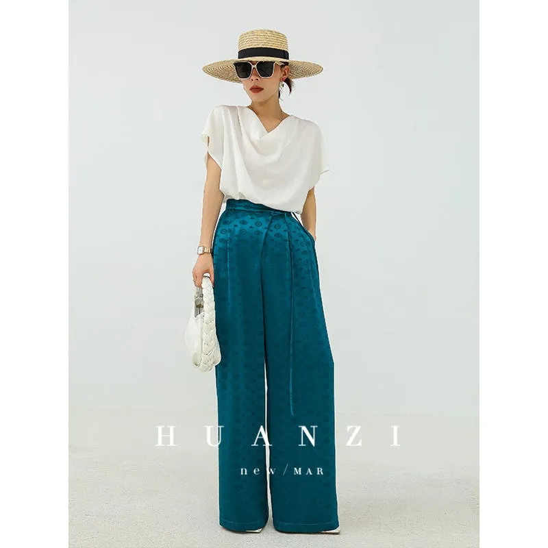 Huanzi luxury high-end silky drape blue high-waisted wide-leg pants - Anna