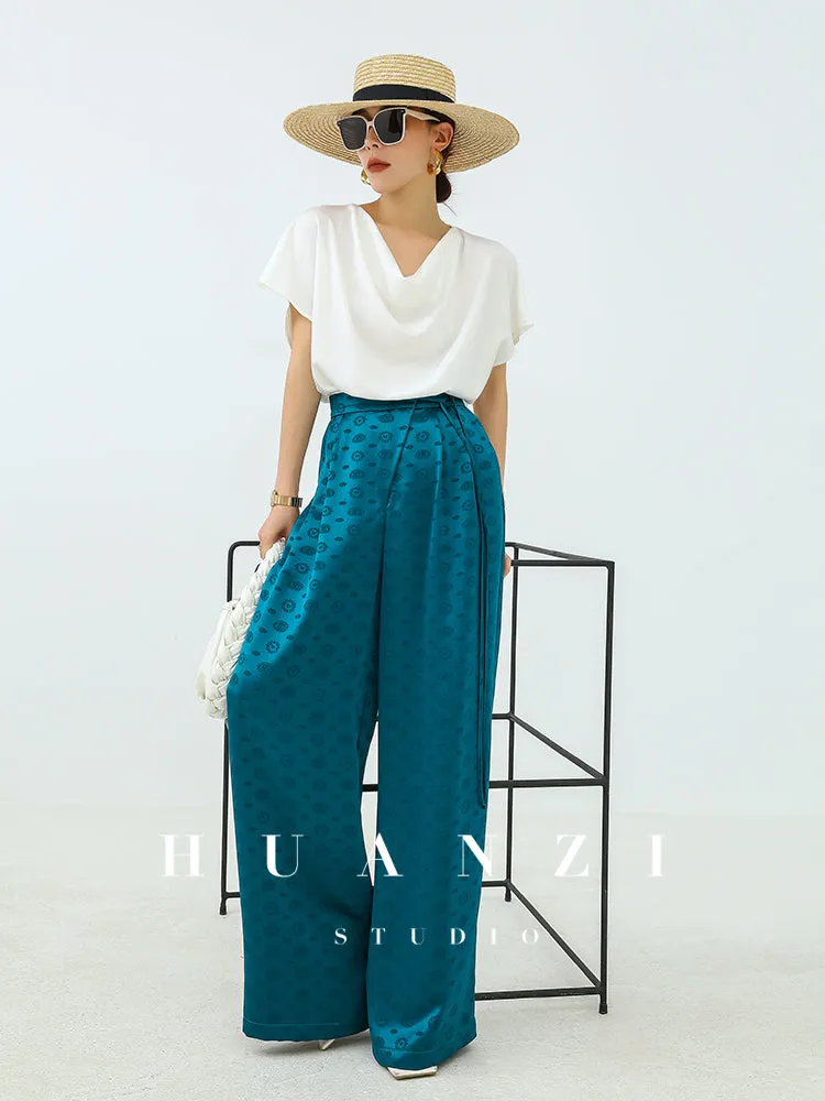 Huanzi luxury high-end silky drape blue high-waisted wide-leg pants - Anna