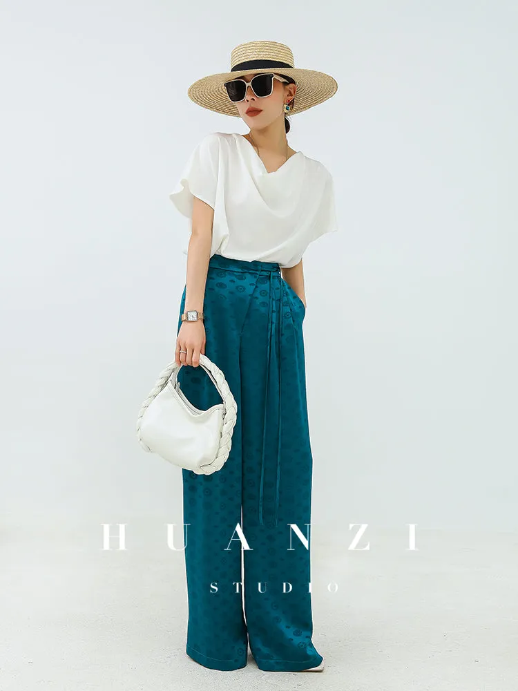 Huanzi luxury high-end silky drape blue high-waisted wide-leg pants - Anna