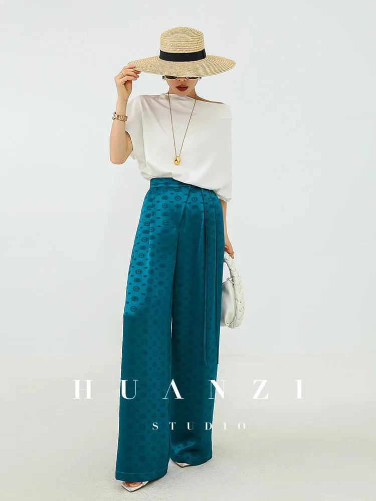 Huanzi luxury high-end silky drape blue high-waisted wide-leg pants - Anna