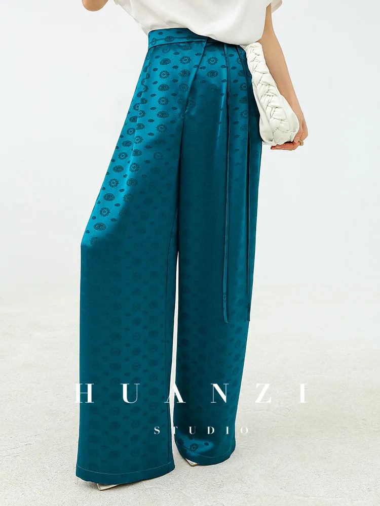 Huanzi luxury high-end silky drape blue high-waisted wide-leg pants - Anna