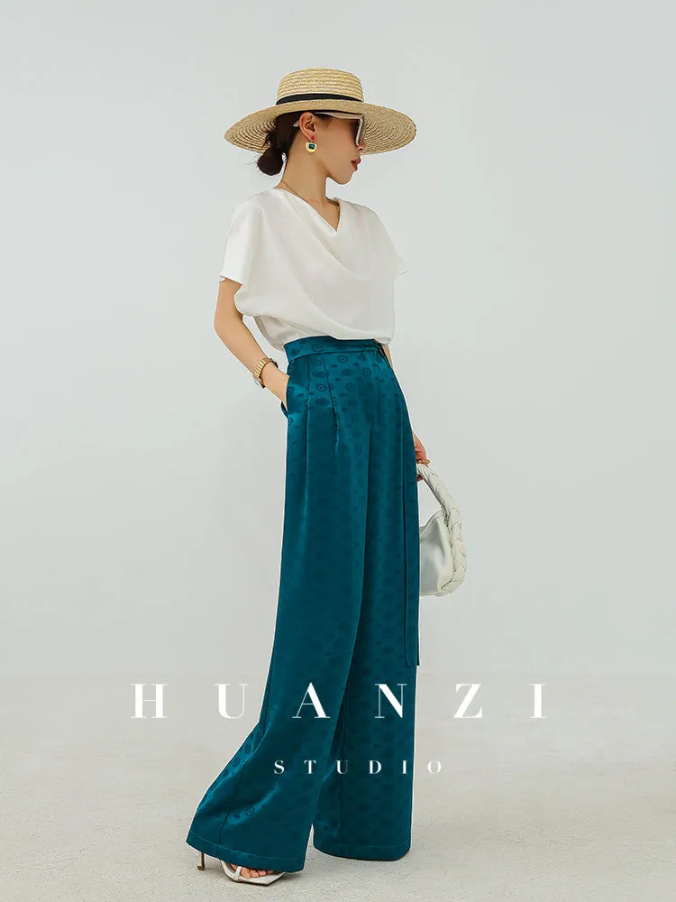 Huanzi luxury high-end silky drape blue high-waisted wide-leg pants - Anna