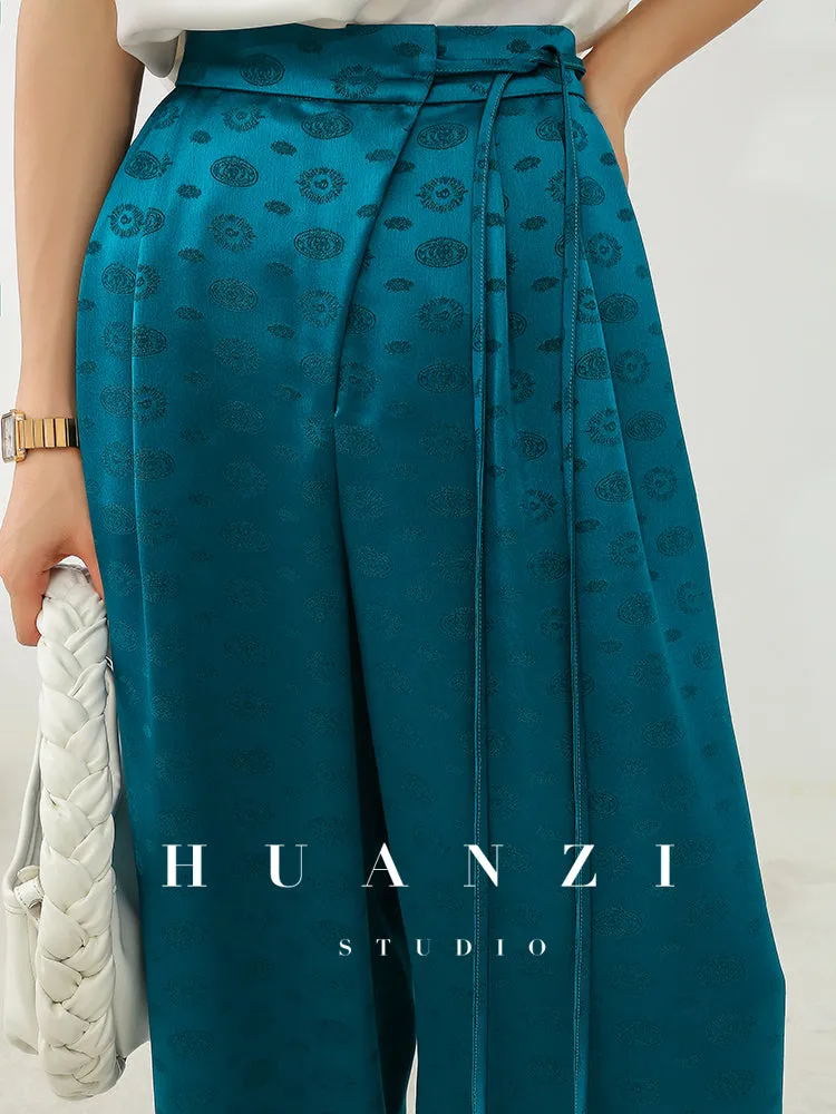 Huanzi luxury high-end silky drape blue high-waisted wide-leg pants - Anna