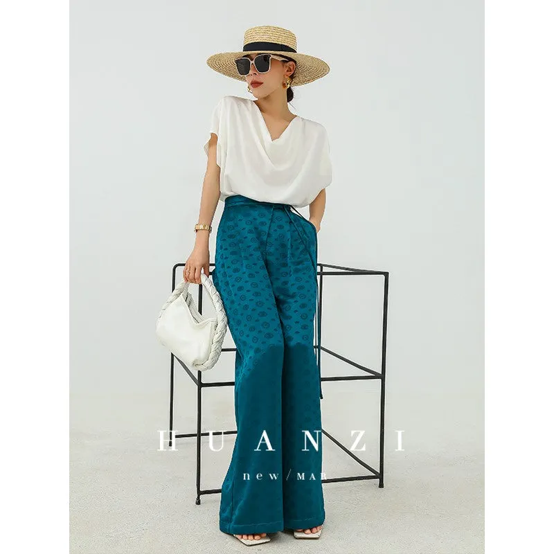 Huanzi luxury high-end silky drape blue high-waisted wide-leg pants - Anna