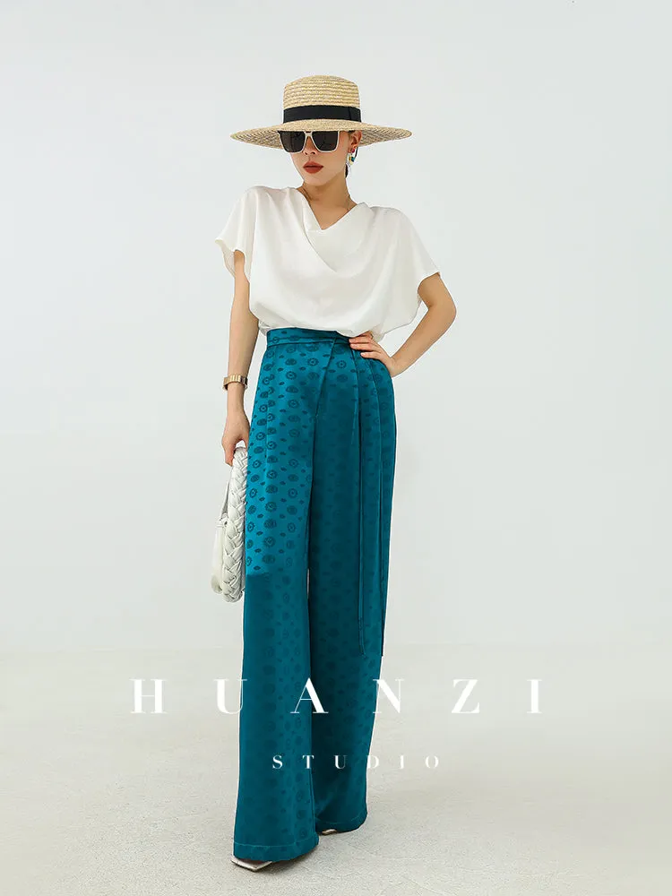 Huanzi luxury high-end silky drape blue high-waisted wide-leg pants - Anna