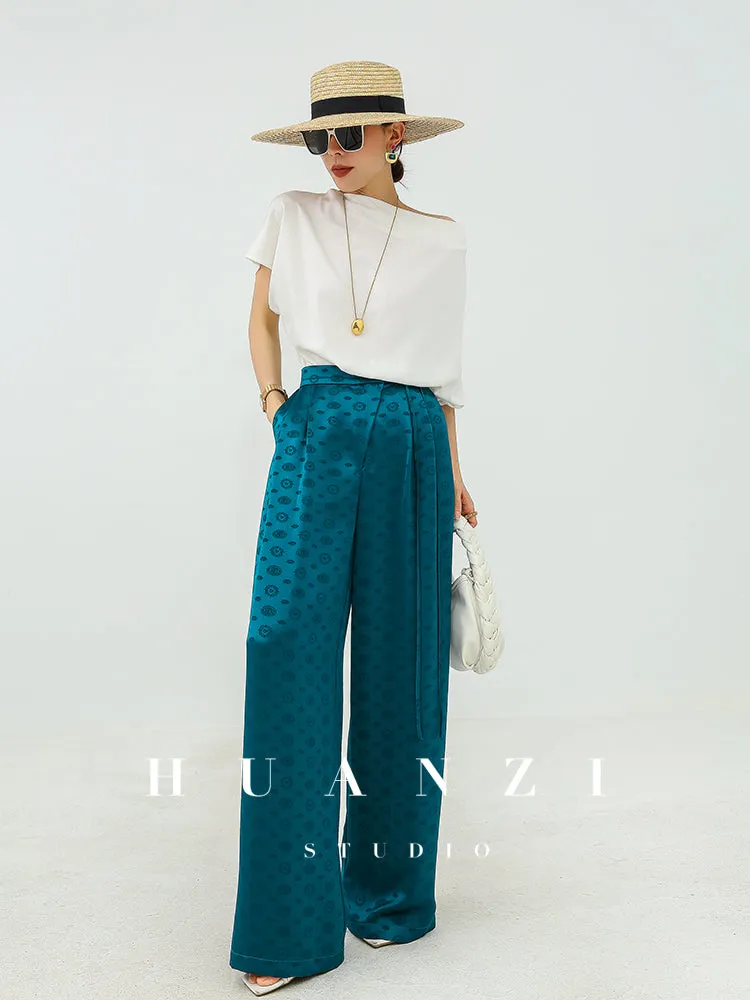 Huanzi luxury high-end silky drape blue high-waisted wide-leg pants - Anna