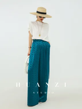 Huanzi luxury high-end silky drape blue high-waisted wide-leg pants - Anna