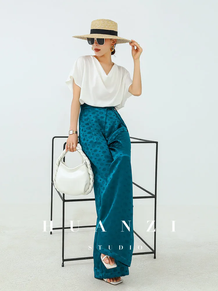 Huanzi luxury high-end silky drape blue high-waisted wide-leg pants - Anna