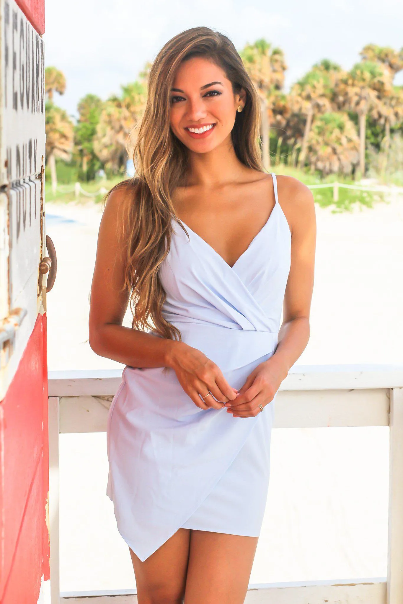 Light Blue V-Neck Asymmetrical Short Dress