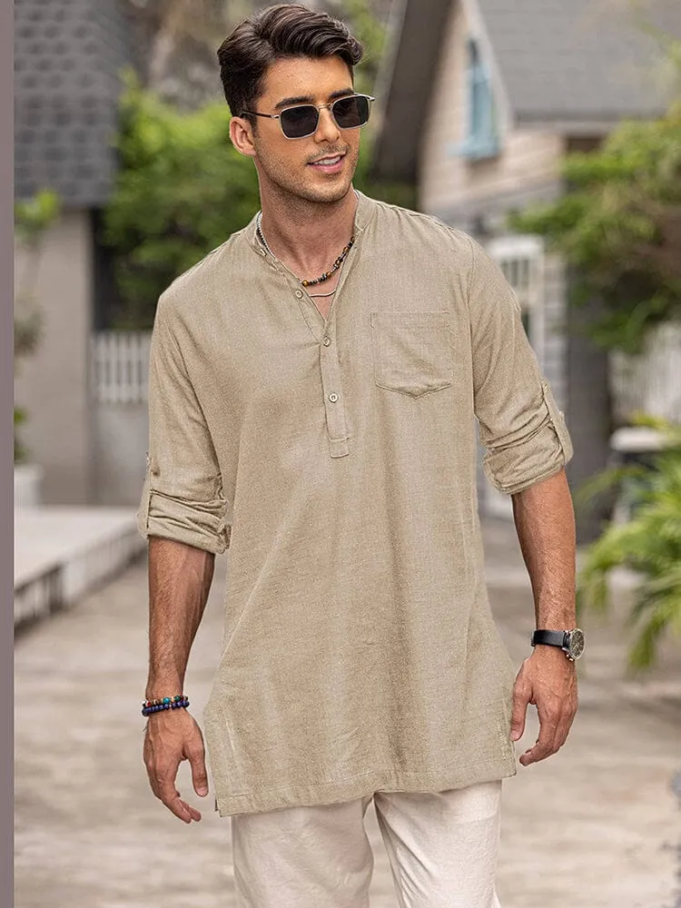 Linen Henley Long Sleeve Shirts with Pocket (US Only)