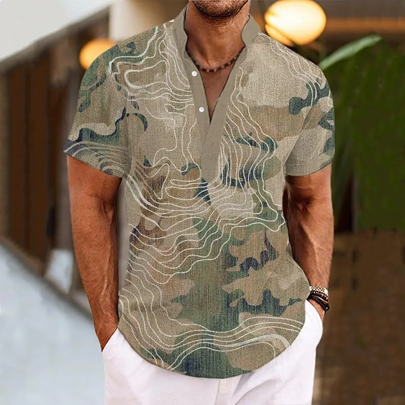 Men's Henley Collar Printed Short Sleeve Shirt 50938197YY