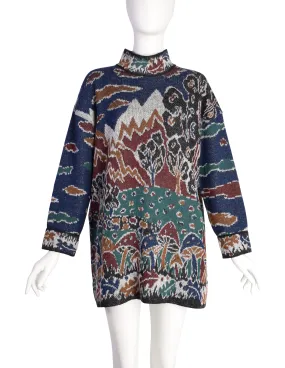 Missoni Vintage 1980s Mushroom Woodland Landscape Pictorial Intarsia Oversized Sweater