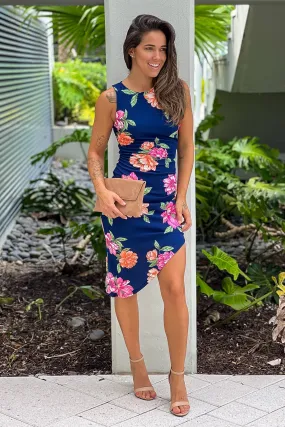 Navy Floral Print Asymmetrical Dress