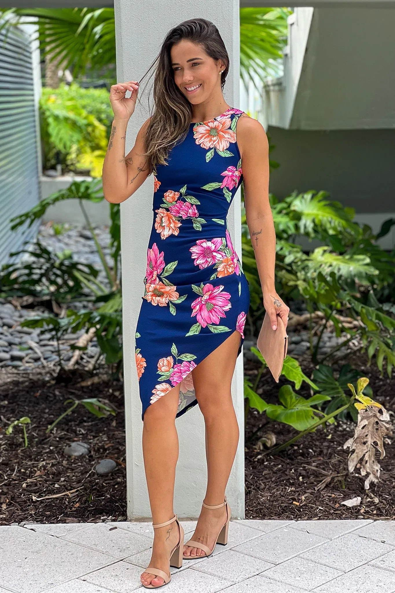 Navy Floral Print Asymmetrical Dress