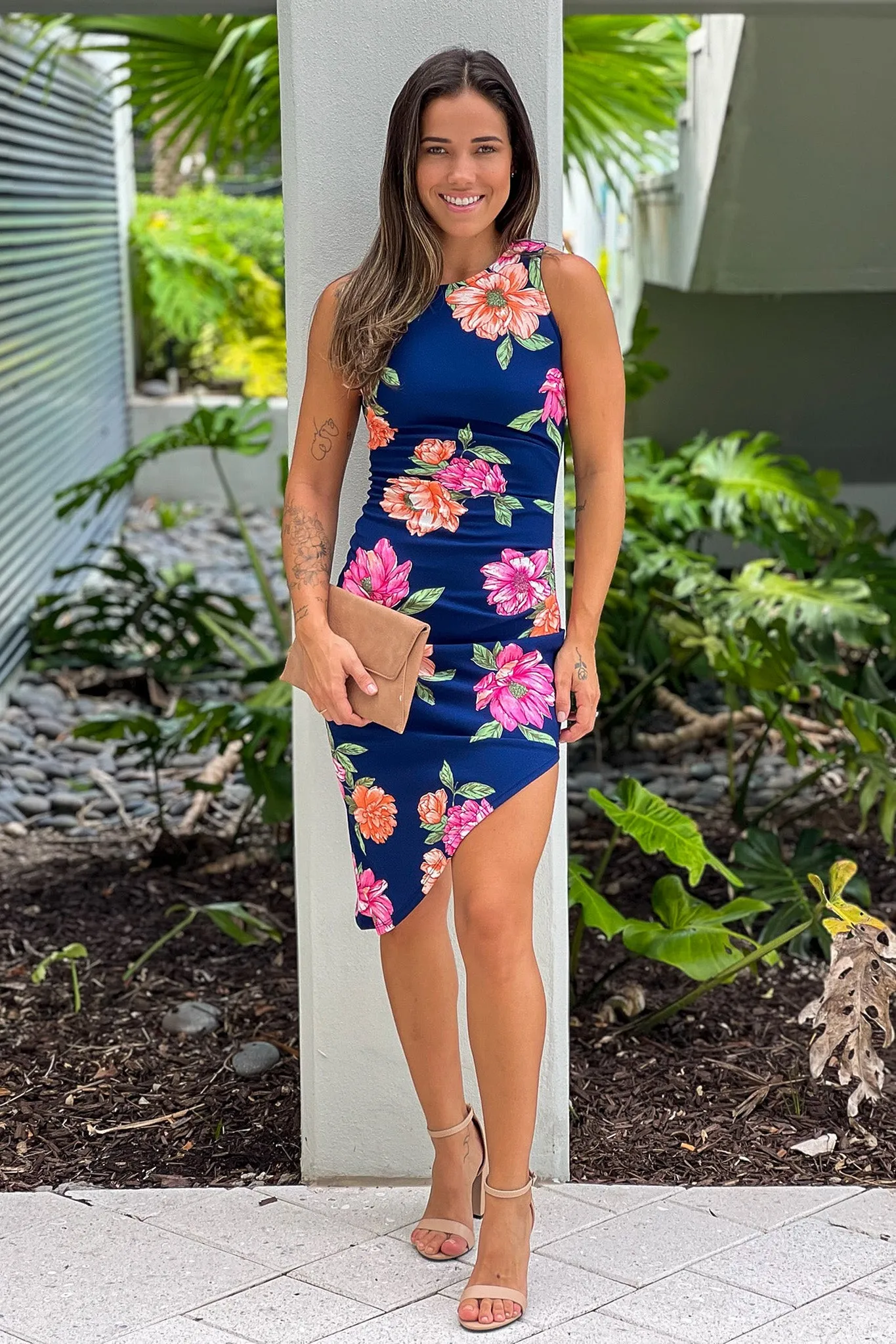 Navy Floral Print Asymmetrical Dress