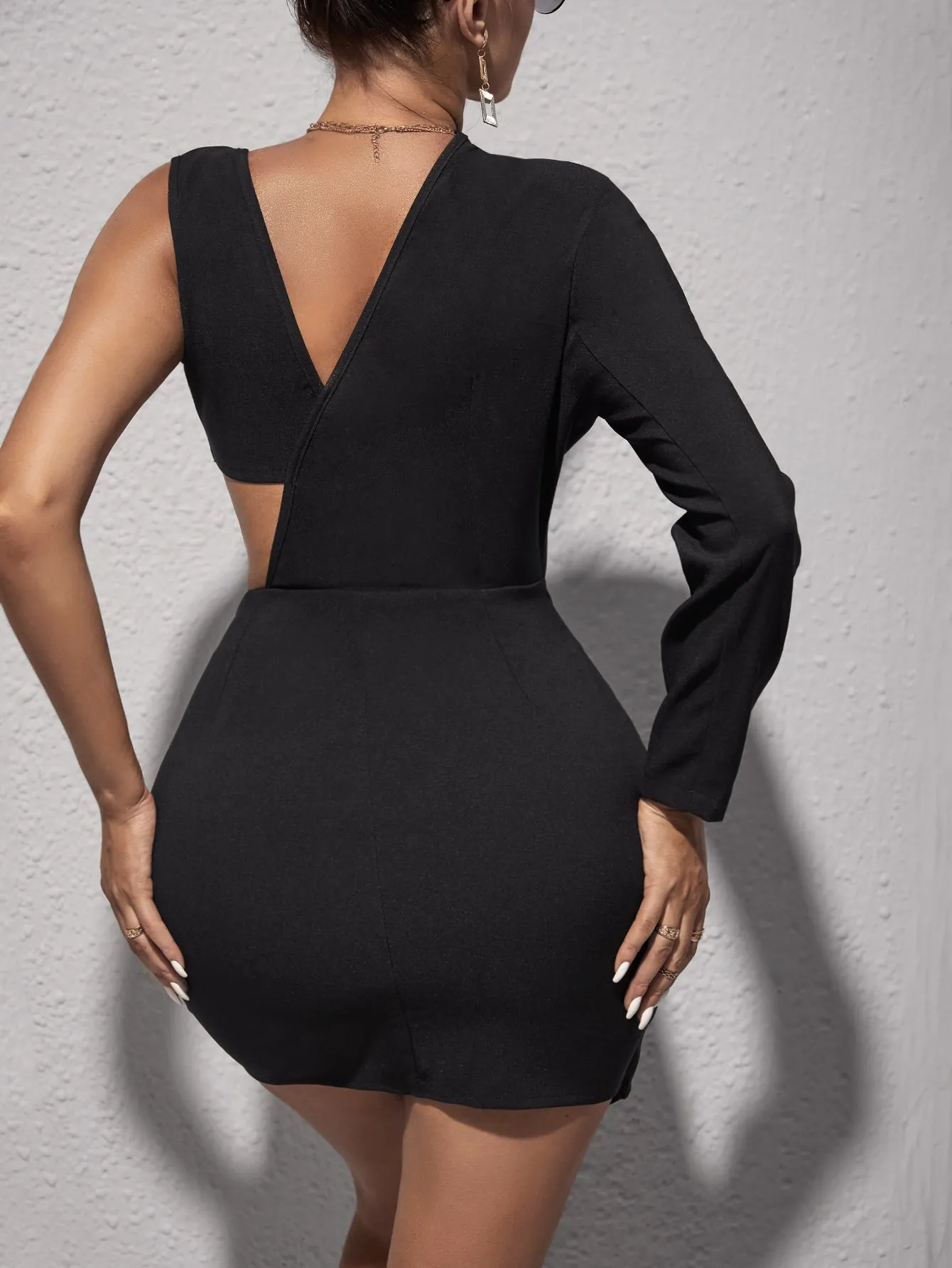 Plain Zipper Long Sleeve Asymmetrical Neck Pencil High Waist Short Dress