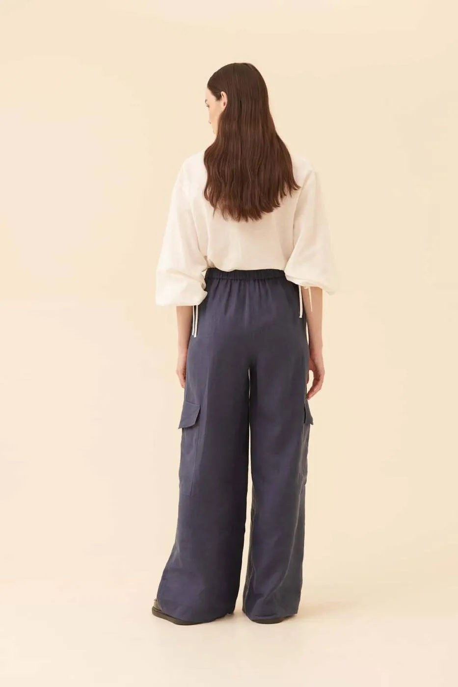 Roman Solid Wide Leg Trousers Navy Blue