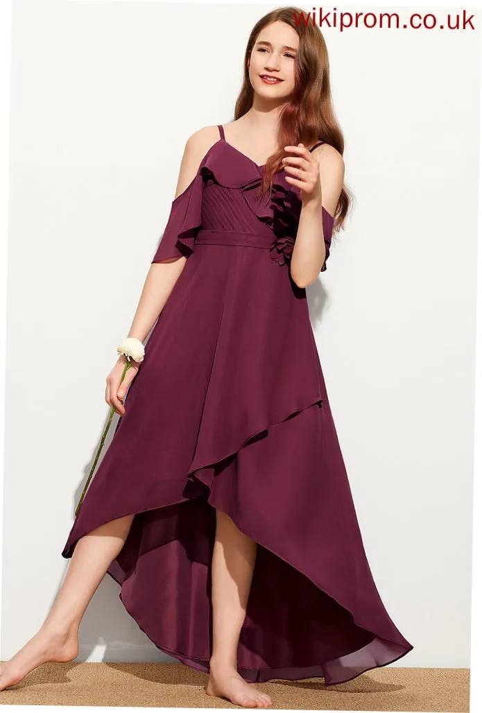 Ruffles Junior Bridesmaid Dresses Chiffon Skye Cascading A-Line Asymmetrical Off-the-Shoulder With