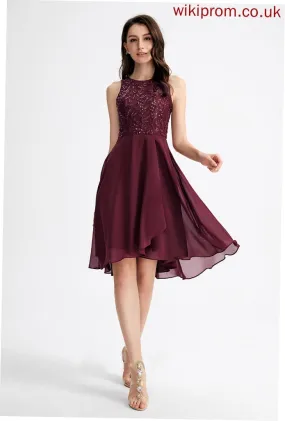 Scoop Neck Sequins Dress A-Line Asymmetrical With Homecoming Chelsea Chiffon Lace Homecoming Dresses