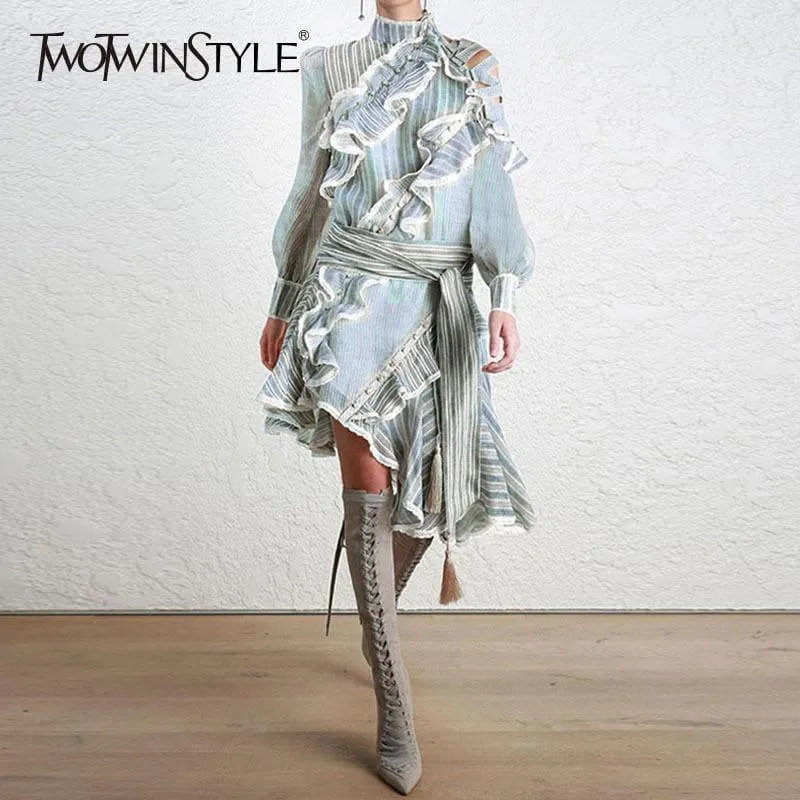 Street Wear Striped Ruffles Off Shoulder Lantern Sleeve Belt High Waist Asymmetrical Mini Dress