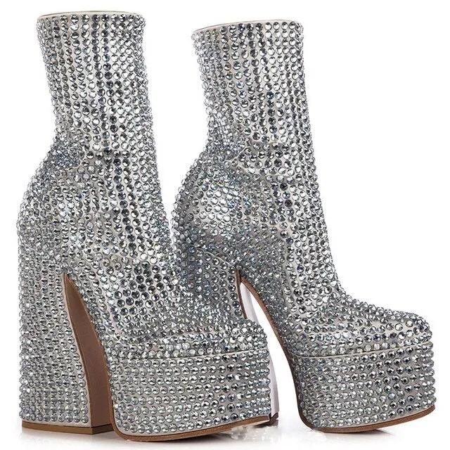 T. Rex- the Rhinestone Silver Platform Glam Rock Boots