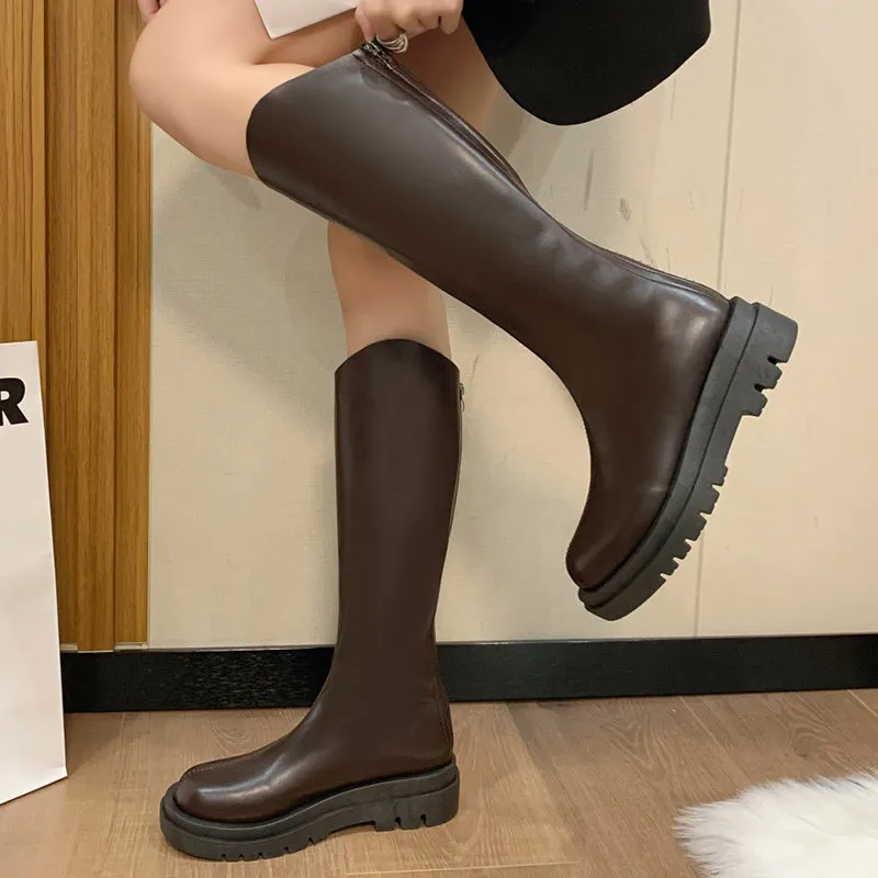 Thick Sole Knee High Boots with Back Zipper