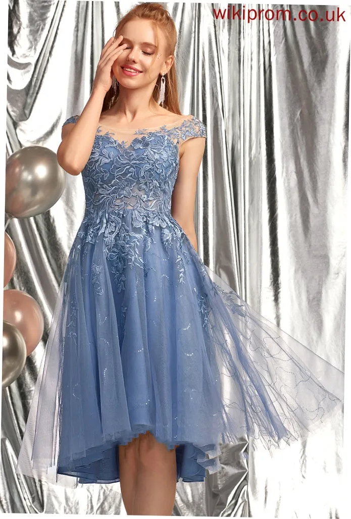 Tulle Yasmine With Scoop Homecoming Dresses Neck A-Line Sequins Lace Dress Homecoming Asymmetrical