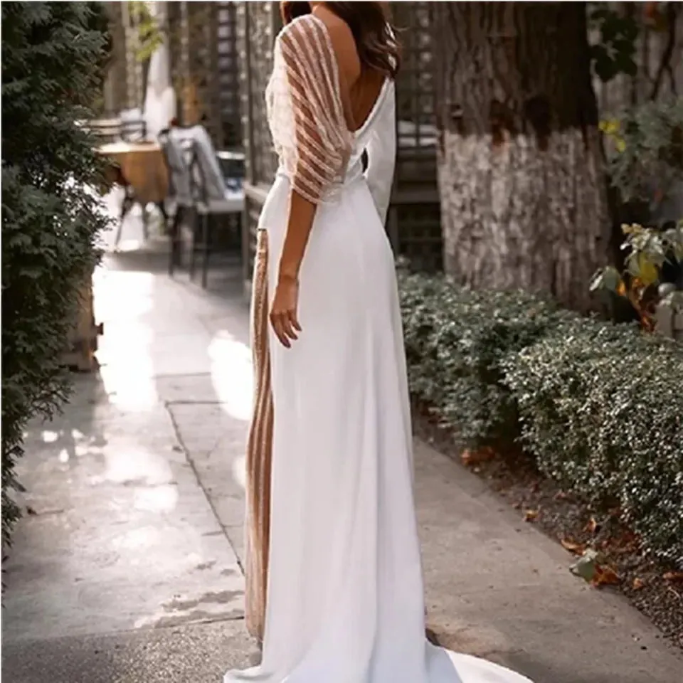 Wedding Attire Long Sleeve Tulle V-neck Back Slit Sexy Wedding Evening Prom Dress