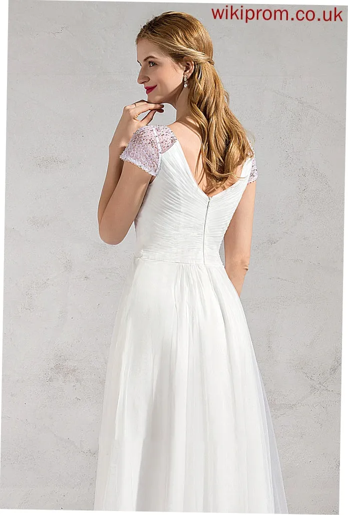 Wedding With Sequins A-Line V-neck Beading Iris Ruffle Asymmetrical Tulle Dress Wedding Dresses