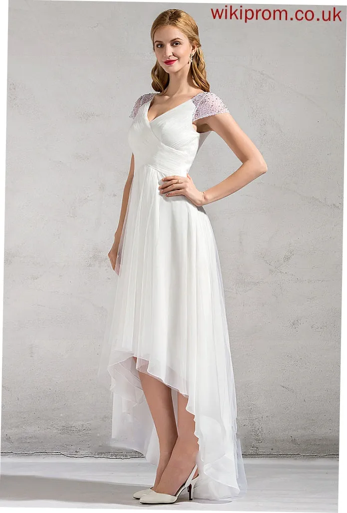 Wedding With Sequins A-Line V-neck Beading Iris Ruffle Asymmetrical Tulle Dress Wedding Dresses