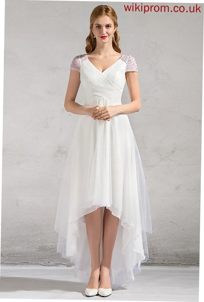 Wedding With Sequins A-Line V-neck Beading Iris Ruffle Asymmetrical Tulle Dress Wedding Dresses