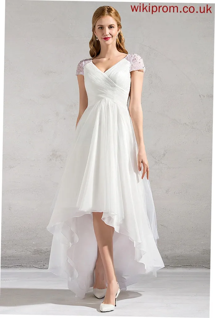 Wedding With Sequins A-Line V-neck Beading Iris Ruffle Asymmetrical Tulle Dress Wedding Dresses