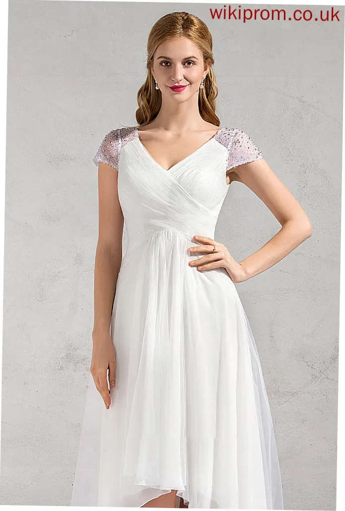 Wedding With Sequins A-Line V-neck Beading Iris Ruffle Asymmetrical Tulle Dress Wedding Dresses