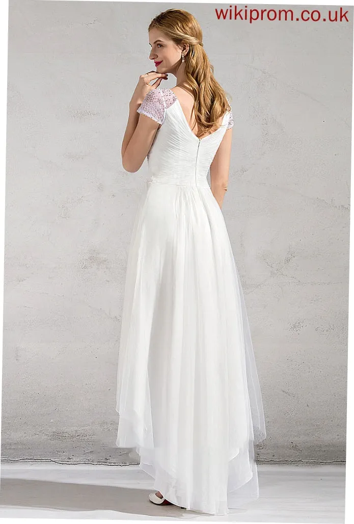 Wedding With Sequins A-Line V-neck Beading Iris Ruffle Asymmetrical Tulle Dress Wedding Dresses