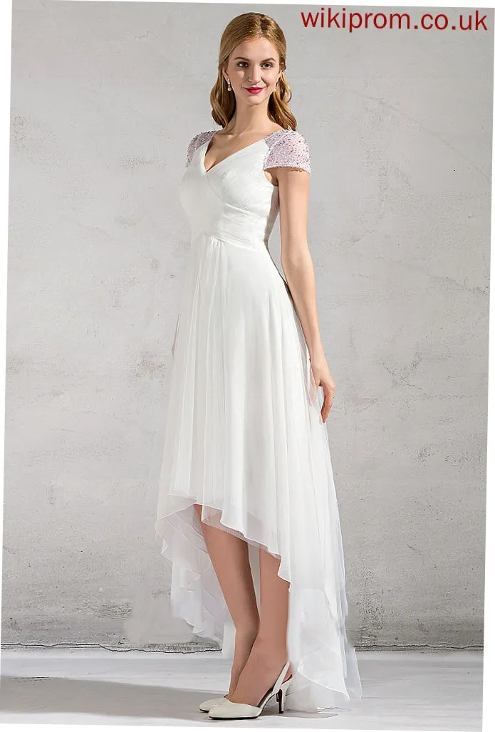 Wedding With Sequins A-Line V-neck Beading Iris Ruffle Asymmetrical Tulle Dress Wedding Dresses