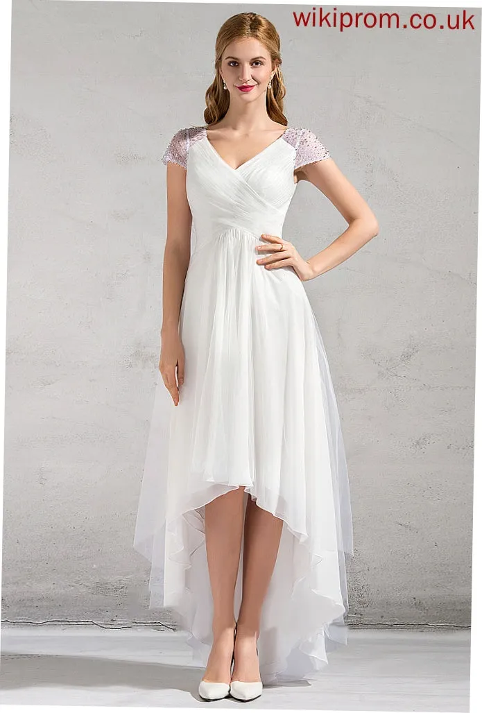 Wedding With Sequins A-Line V-neck Beading Iris Ruffle Asymmetrical Tulle Dress Wedding Dresses