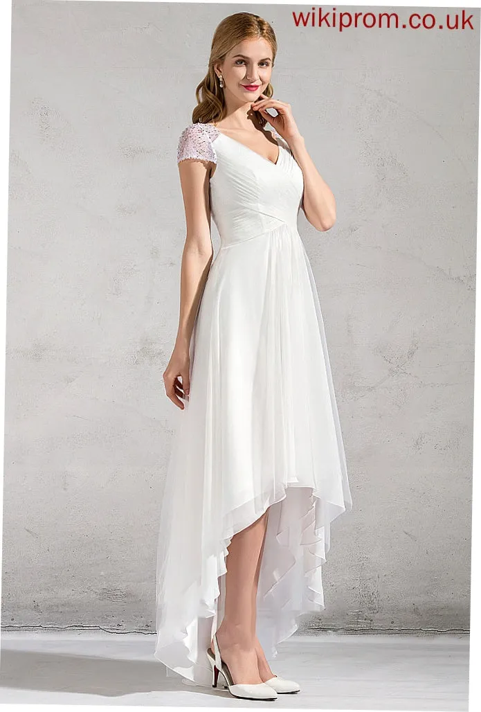 Wedding With Sequins A-Line V-neck Beading Iris Ruffle Asymmetrical Tulle Dress Wedding Dresses