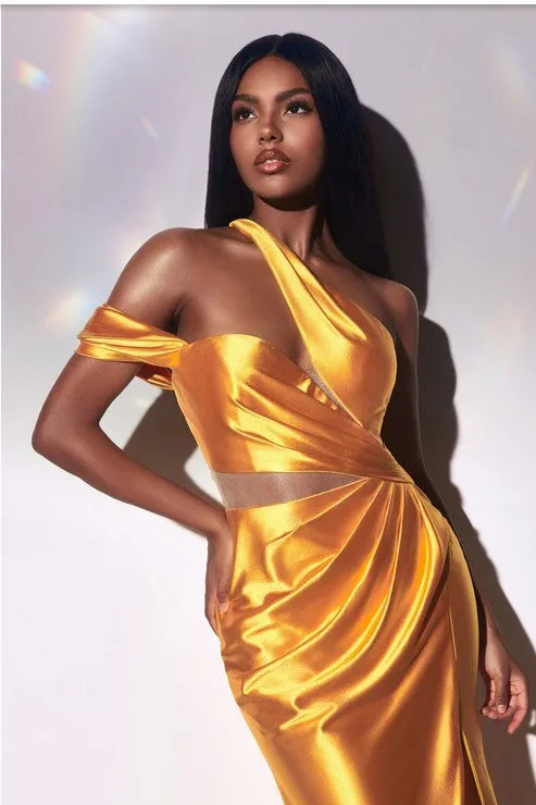 Yellow Fitted Asymmetrical Satin Gown